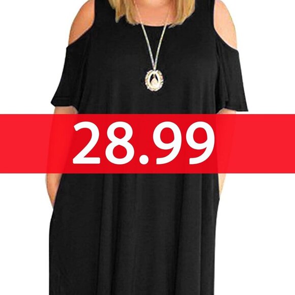 Women Plus Size Short Sleeve Cold Shoulder Swing Dress with Pockets Casual - Picture 6 of 6